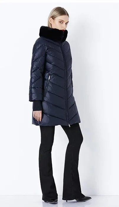Women's Winter Windproof Thick Down Coat With Rabbit Fur Collar